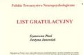 Kliknij, aby powiększyć: List gratulacyjny od Polskiego Towarzystwa Neuropsychologicznego (wrzesień 2002)